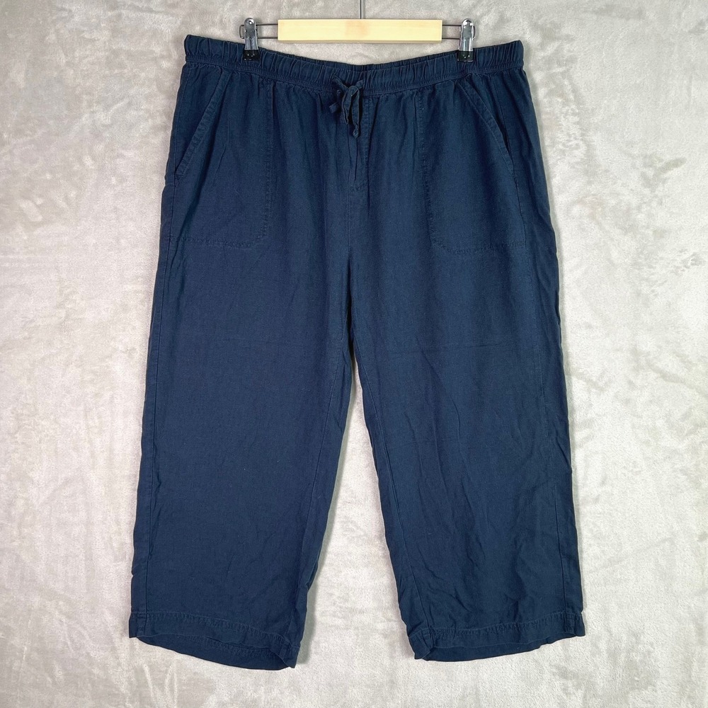 Splendid Women XXL Linen Blend Wide Leg Crop Pants Navy Blue Casual Boho Coastal